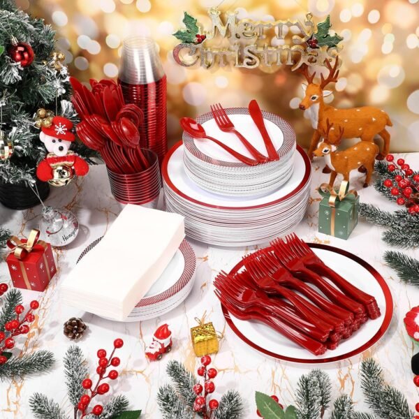 Yaomiao 350 Pcs Christmas Disposable Plates with Trim Set for Xmas Party Plastic Dinnerware 90z Cup Knives Fork Spoon Napkins Christmas Tableware for 50 Guests Gathering Wedding Holiday (Red) - Image 6
