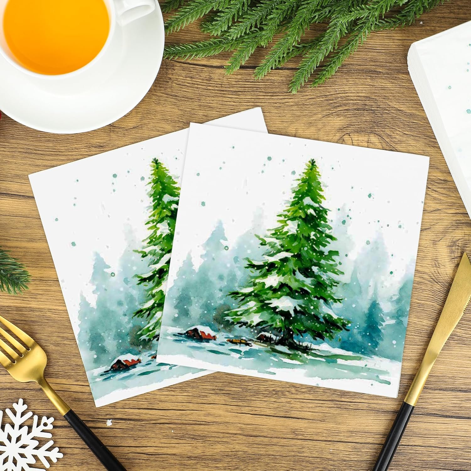 100 PCS Christmas Party Napkins Disposable 6.5 Inch Watercolor Christmas Tree Paper Napkins 3-ply Xmas Greenery Luncheon Dinner Napkins for Winter Christmas Holiday Party Supply - Image 5