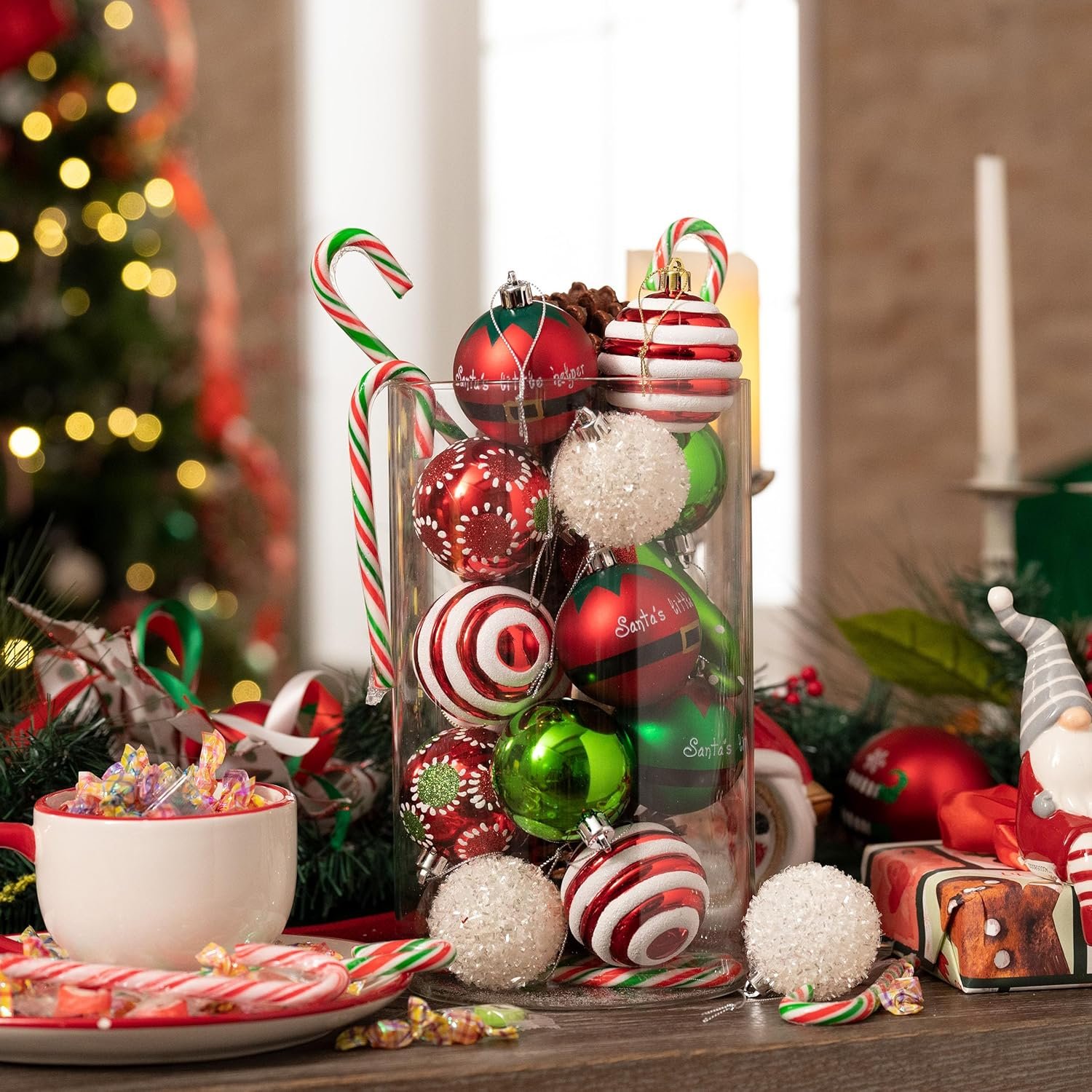 Valery Madelyn 100ct Christmas Ball Ornaments Set, Elf Red Green White Shatterproof Christmas Tree Decorations Variety Ornaments Bulk, Whimsical Hanging Ornaments for Xmas Trees Holiday Party Decor - Image 5