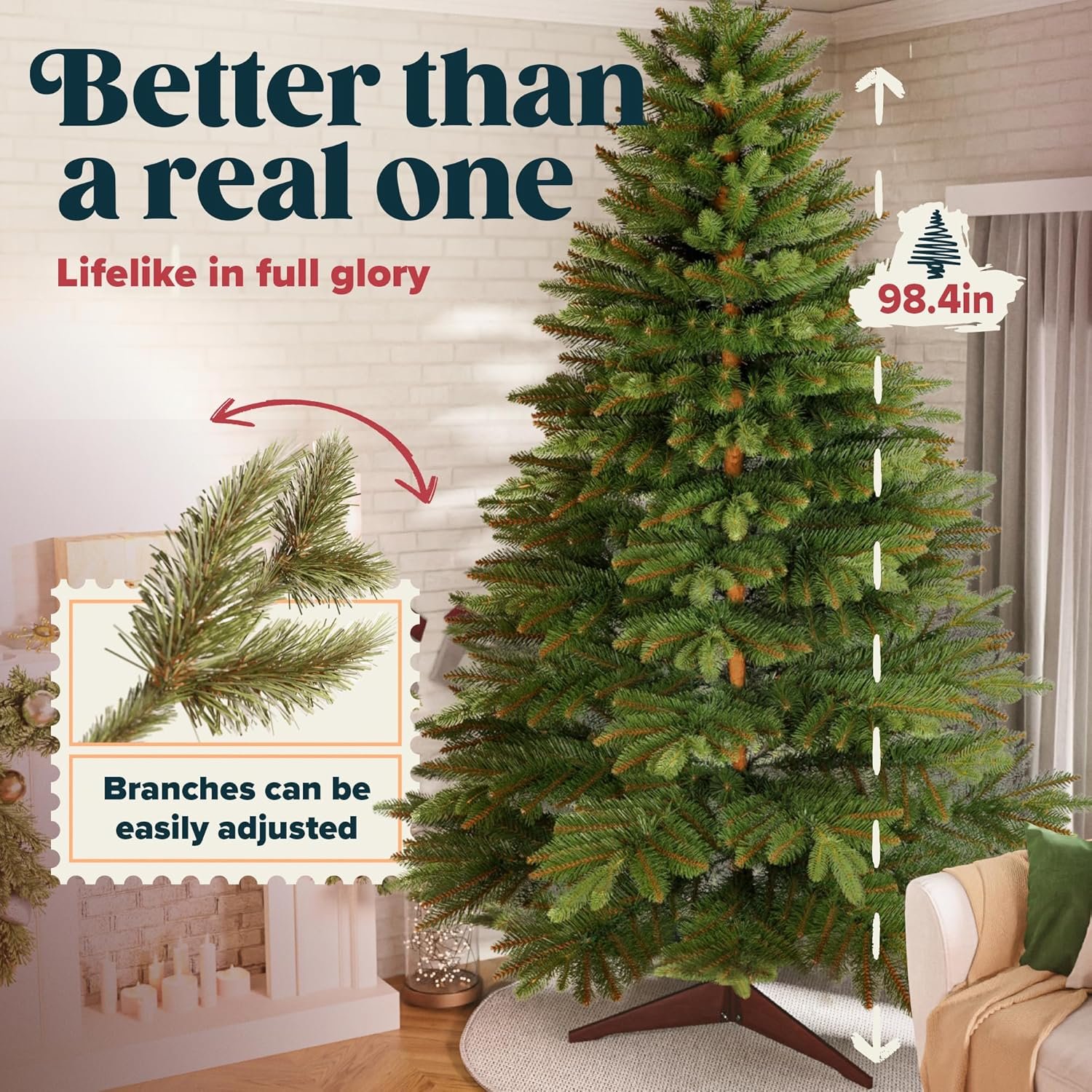 Artificial Christmas Tree 8ft - Premium Realistic Artificial Christmas Tree Looks Real Wooden Stand and Storage Bag - Xmas Tree - Artificial Christmas Trees by Pure Living - Image 4
