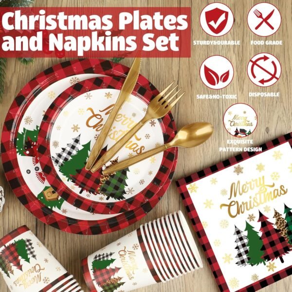 Christmas Paper Plates Napkins Cups Disposable Merry Christmas Party Tableware Supplies Buffalo Plaid Christmas Tree Snowman Paper Dinnerware Set for Holiday Xmas Party Supplies, Serve 25 - Image 4