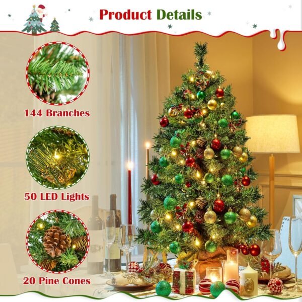 Yaheetech 2Pcs Pre-lit Artificial Mini Christmas Tree, 3ft Tabletop Small Xmas Tree w/20 Pinecones, 50 Warm White LED Lights, Cement Base, Battery-Operated Christmas Tree for Home Party Decor, Green - Image 6