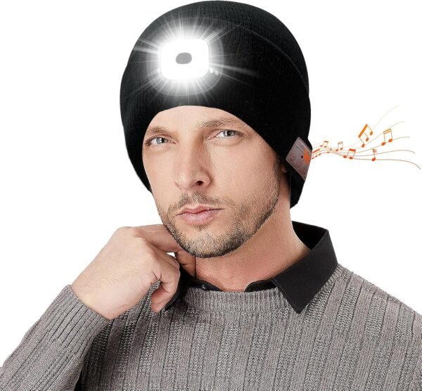 Bluetooth Beanie with Light, Wireless Music Beanie Hat with Rechargeable 6 LED, Unique Tech Gifts for Men Husband Him Teen, for Fishing Jogging Working, Christmas Stocking, Black - Image 2