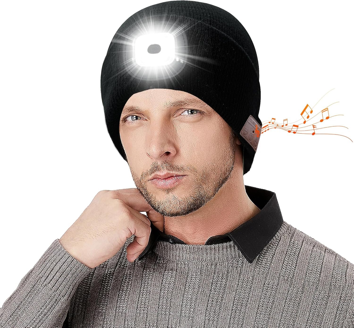 Bluetooth Beanie with Light, Wireless Music Beanie Hat with Rechargeable 6 LED, Unique Tech Gifts for Men Husband Him Teen, for Fishing Jogging Working, Christmas Stocking, Black - Image 2