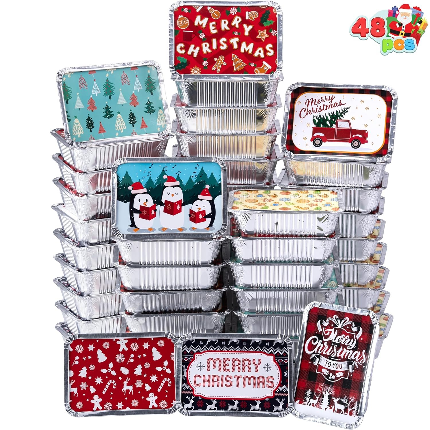 JOYIN 48 Pieces Christmas Foil Containers with Lids, 8 Holiday Designs, 7"x5"x2" Rectangular Treat Foil Containers, Disposable Food Storage Pan for Holiday Leftovers Goodie Container - Image 2