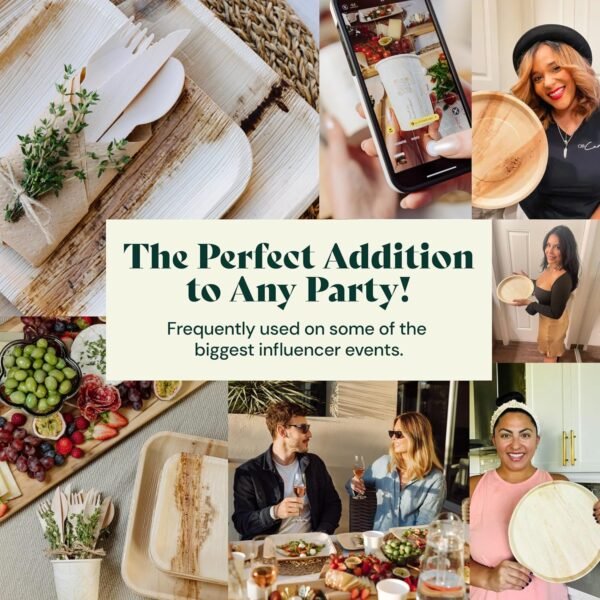 Chic Leaf Party Supplies Tableware 340 Pcs Bulk Pack for 45 Guests - 100% Biodegradable Palm Leaf Disposable Dinnerware Set, Sturdy 10'' & 7'' Plates w/ 10 Oz Cups, Napkins, Forks, Knifes & Spoons - Image 9