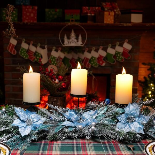 Meonum 37in Christmas Centerpieces for Tables Decorations with 3 Glitter Blue Poinsettia, 3 Candle Holders, 10 Zip Ties, Enchanting Blue Christmas Dining Table Centerpieces Entryway, Mantel, Holiday - Image 9