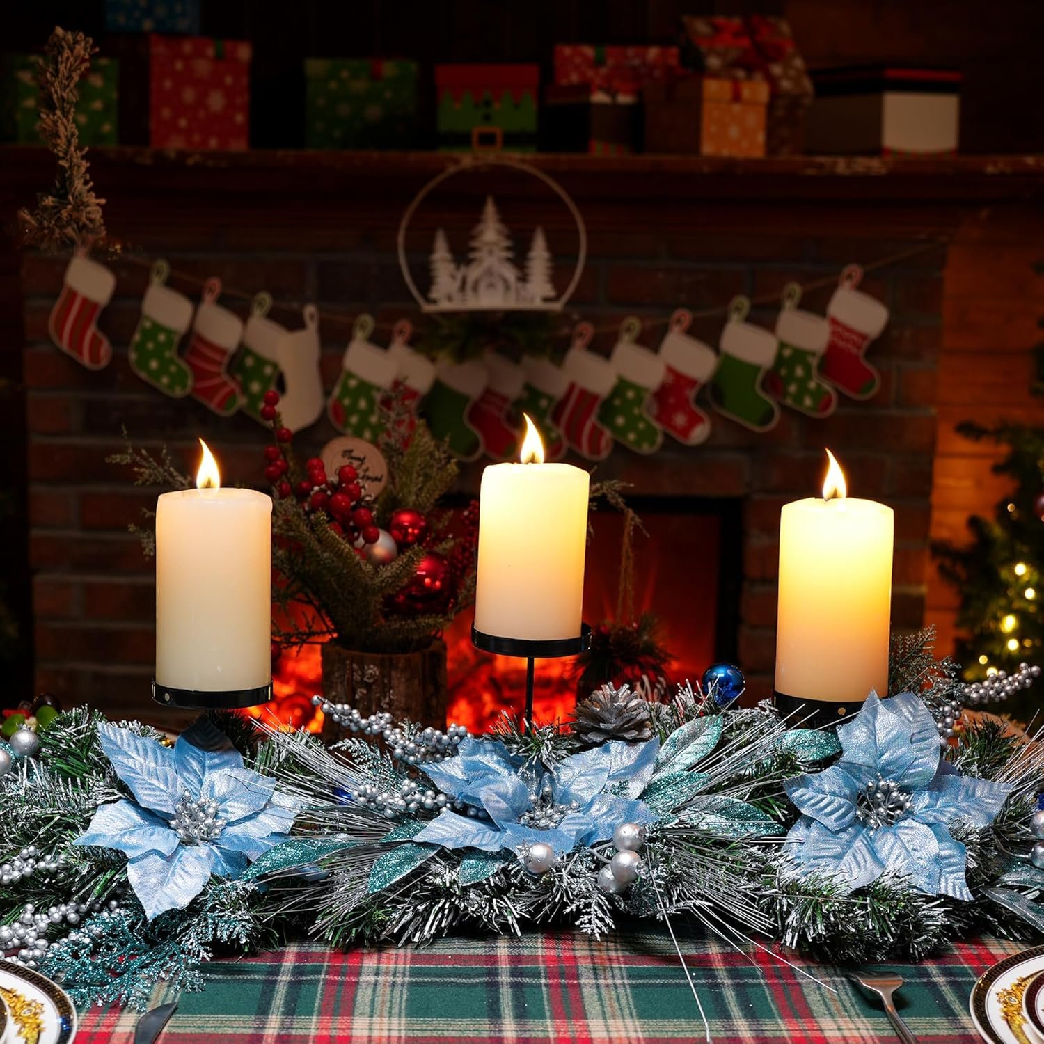 Meonum 37in Christmas Centerpieces for Tables Decorations with 3 Glitter Blue Poinsettia, 3 Candle Holders, 10 Zip Ties, Enchanting Blue Christmas Dining Table Centerpieces Entryway, Mantel, Holiday - Image 9