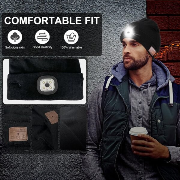 Bluetooth Beanie with Light, Wireless Music Beanie Hat with Rechargeable 6 LED, Unique Tech Gifts for Men Husband Him Teen, for Fishing Jogging Working, Christmas Stocking, Black - Image 7