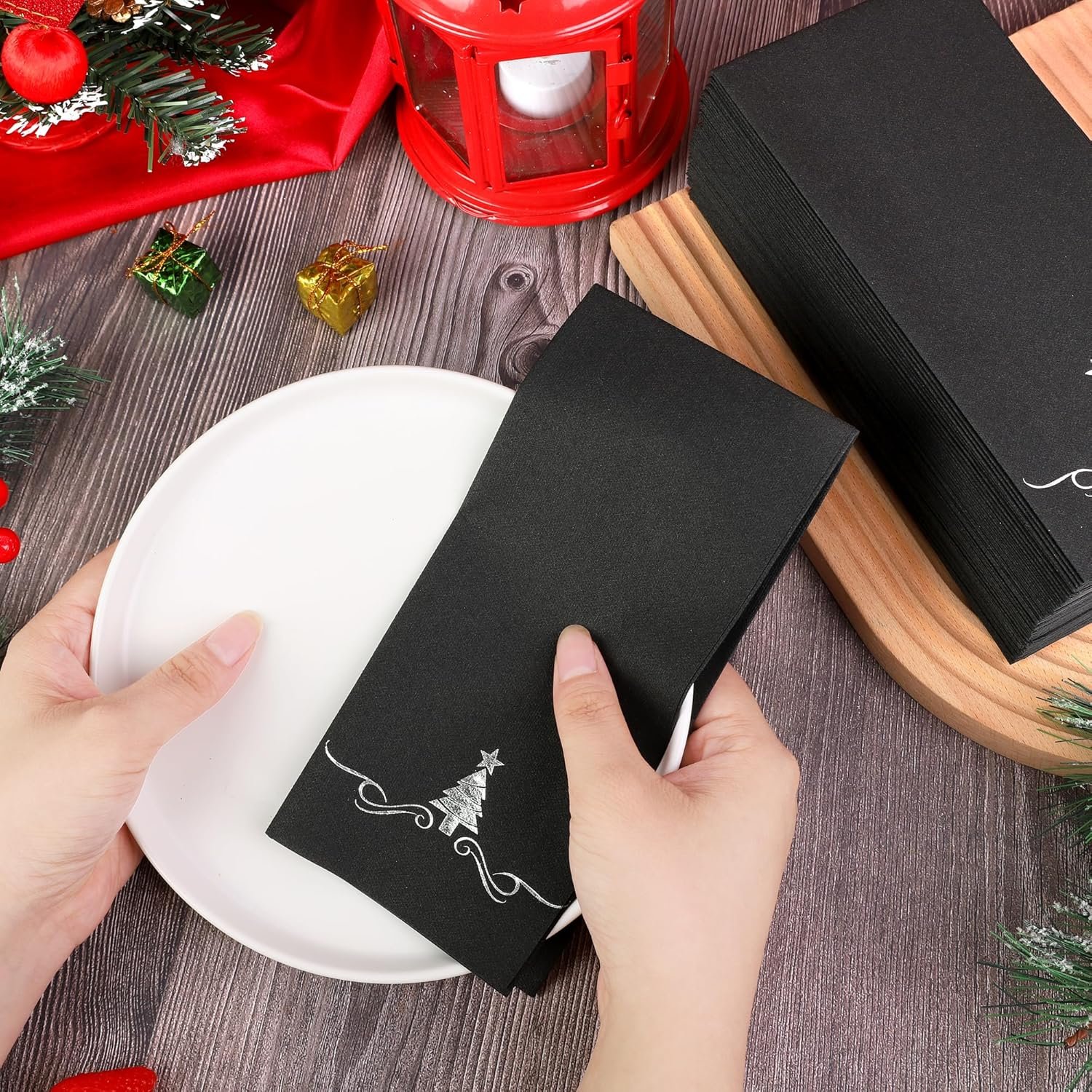 100 Pack Christmas Disposable Guest Napkins 12 x 17 Inch Silver Foil Christmas Trees Napkins Xmas Tree Hand Towels for Bathroom Kitchen Weddings Christmas Holiday Party, Black - Image 6