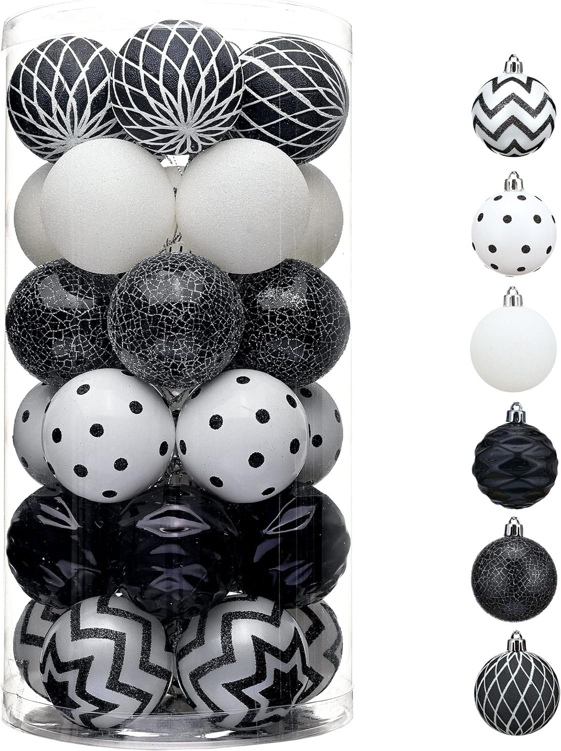 Valery Madelyn Christmas Ornaments Tree Decorations, 30ct Black and White Shatterproof Christmas Ball Ornaments Set, 2.36 Inch Boho Modern Decorative Hanging Ornament Bulk for Xmas Holiday Party Decor - Image 2