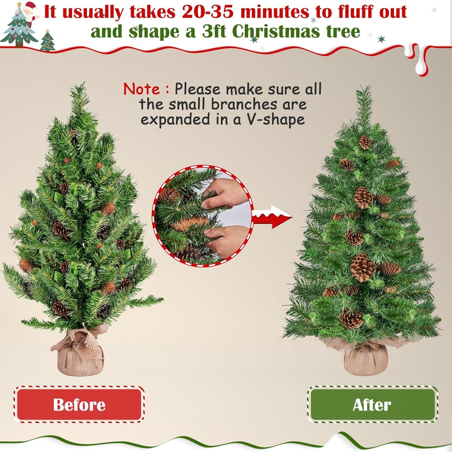 Yaheetech 2Pcs Pre-lit Artificial Mini Christmas Tree, 3ft Tabletop Small Xmas Tree w/20 Pinecones, 50 Warm White LED Lights, Cement Base, Battery-Operated Christmas Tree for Home Party Decor, Green - Image 8