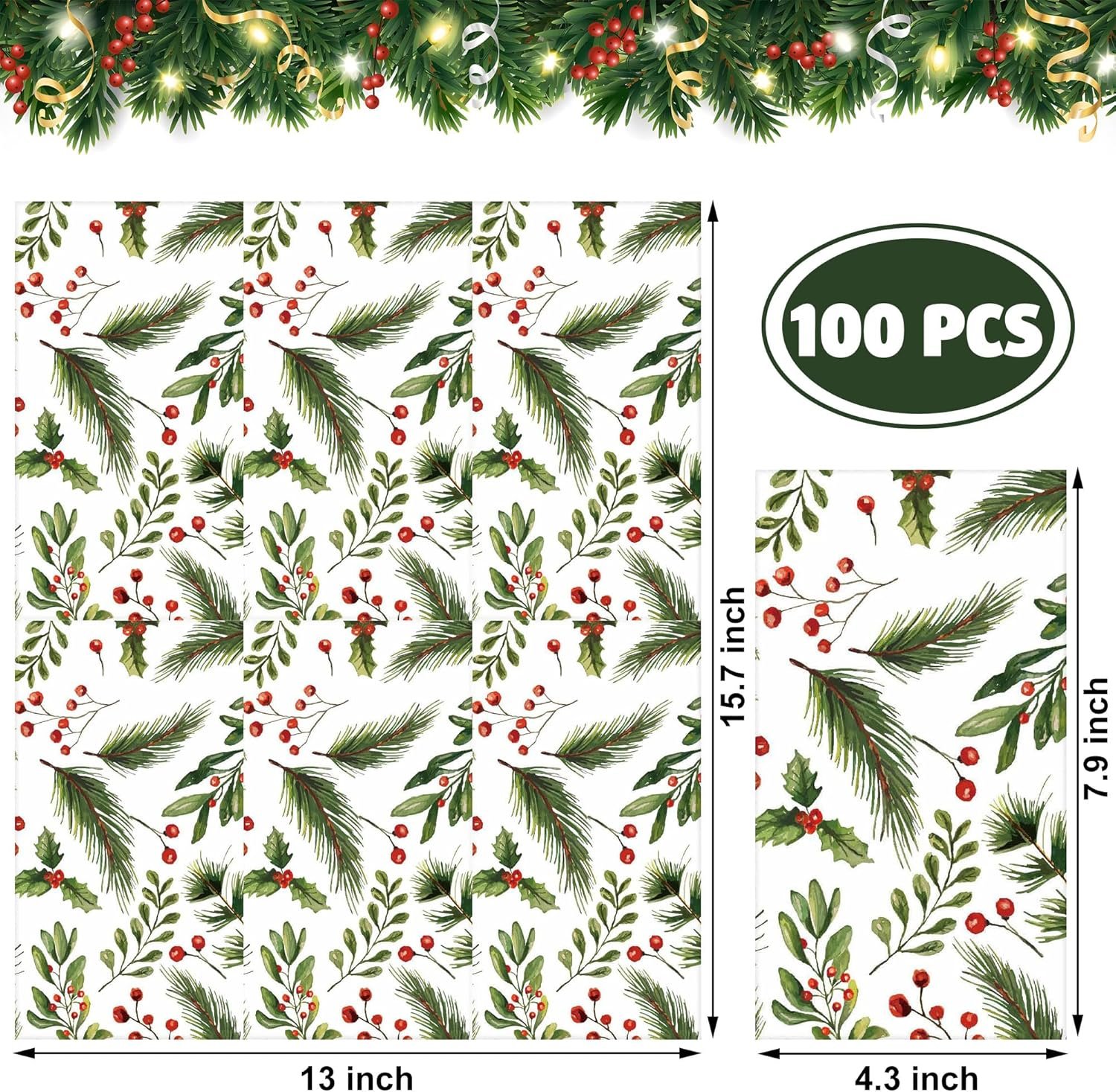 100 PCS Christmas Guest Napkins Berries Pine Paper Napkins 3-Ply Disposable Holly Berries Napkins Xmas Party Greenery Dinner Hand Towels for Winter Holiday Home Kitchen Bathroom Wedding Party Supplies - Image 3