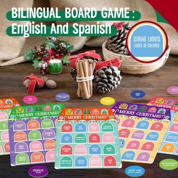 Christmas Bingo Game, 12PCS Bilingual English and Spanish Bingo Board Game, 12 Players Bingo Game Set for Teenager or Adults Xmas Party, Fun Interesting Activity Winter Party Supplies - Image 6