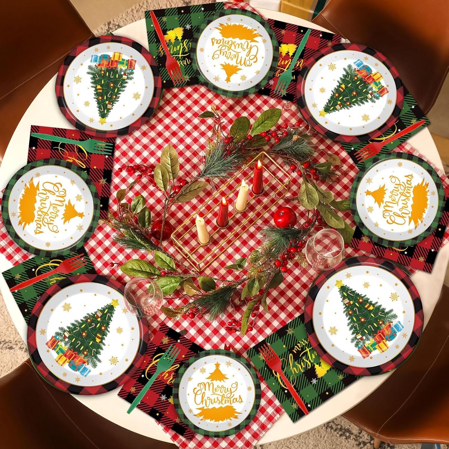 96 Pcs Christmas Paper Plates and Napkins Christmas Xmas Party Supplies Green Red Black Buffalo Plaid Christmas Tree Disposable Tableware Set Merry Christmas Themed Party Favors Holiday Winter Decor - Image 6