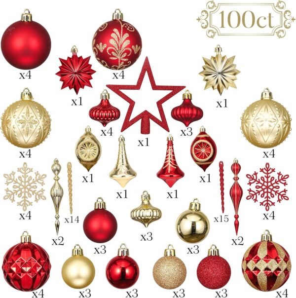 Valery Madelyn Ornaments for Christmas Trees, 100ct Red and Gold Shatterproof Christmas Tree Decorations, Luxury Hanging Ball Ornaments Bulk for Xmas Holiday Decor - Image 4