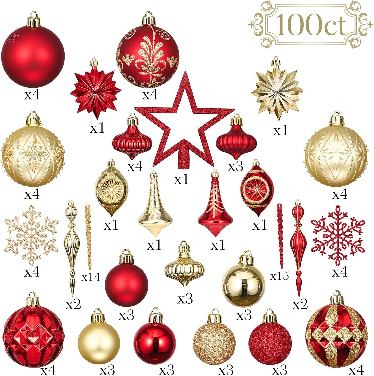 Valery Madelyn Ornaments for Christmas Trees, 100ct Red and Gold Shatterproof Christmas Tree Decorations, Luxury Hanging Ball Ornaments Bulk for Xmas Holiday Decor - Image 4