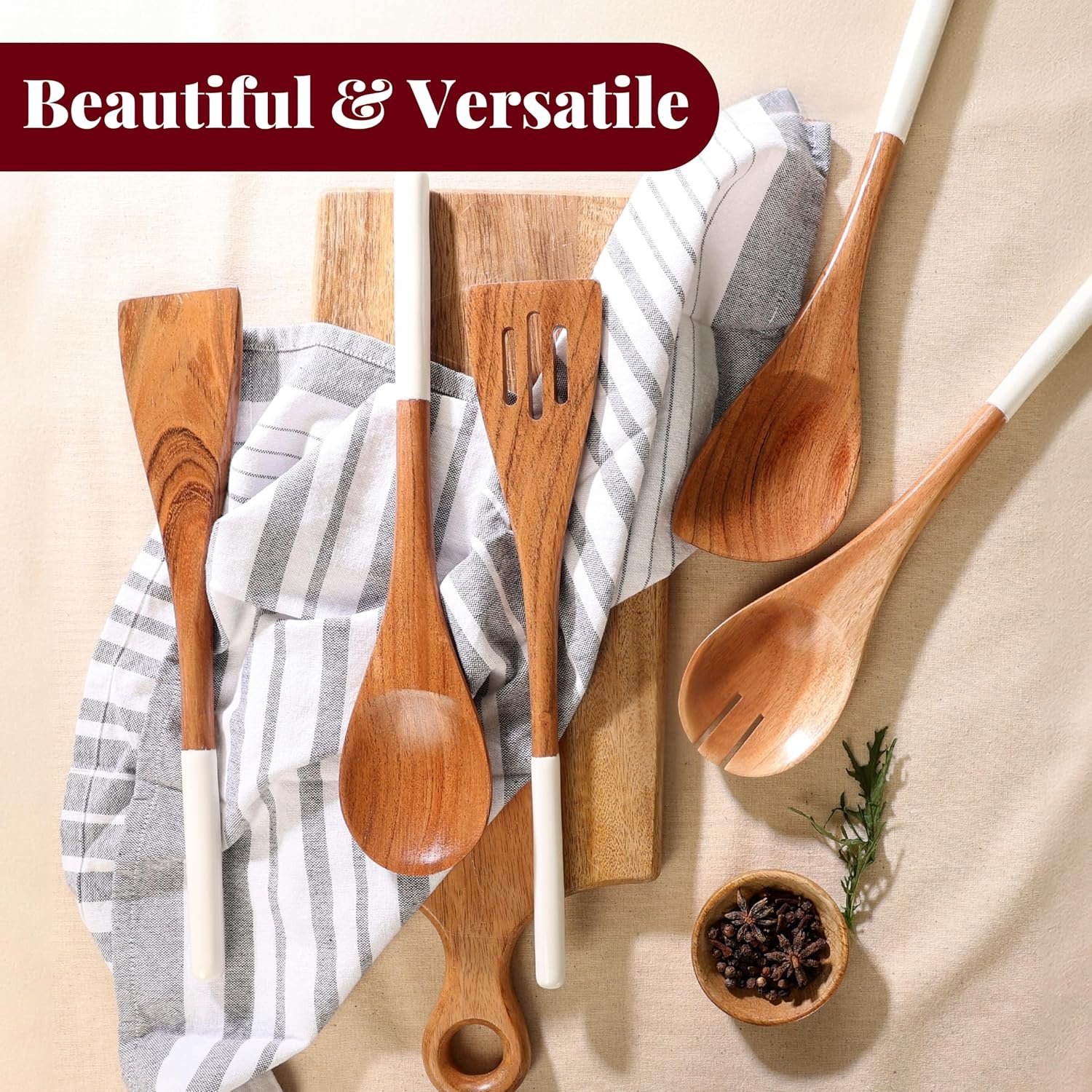 Folkulture Wooden Spoons for Cooking, Set of 5 Wooden Utensils for Cooking, Nonstick Wooden Cooking Utensils, Wooden Cooking Utensils, 12" Kitchen Utensil Sets with Wooden Spoon Sets & Spatula - White - Image 7