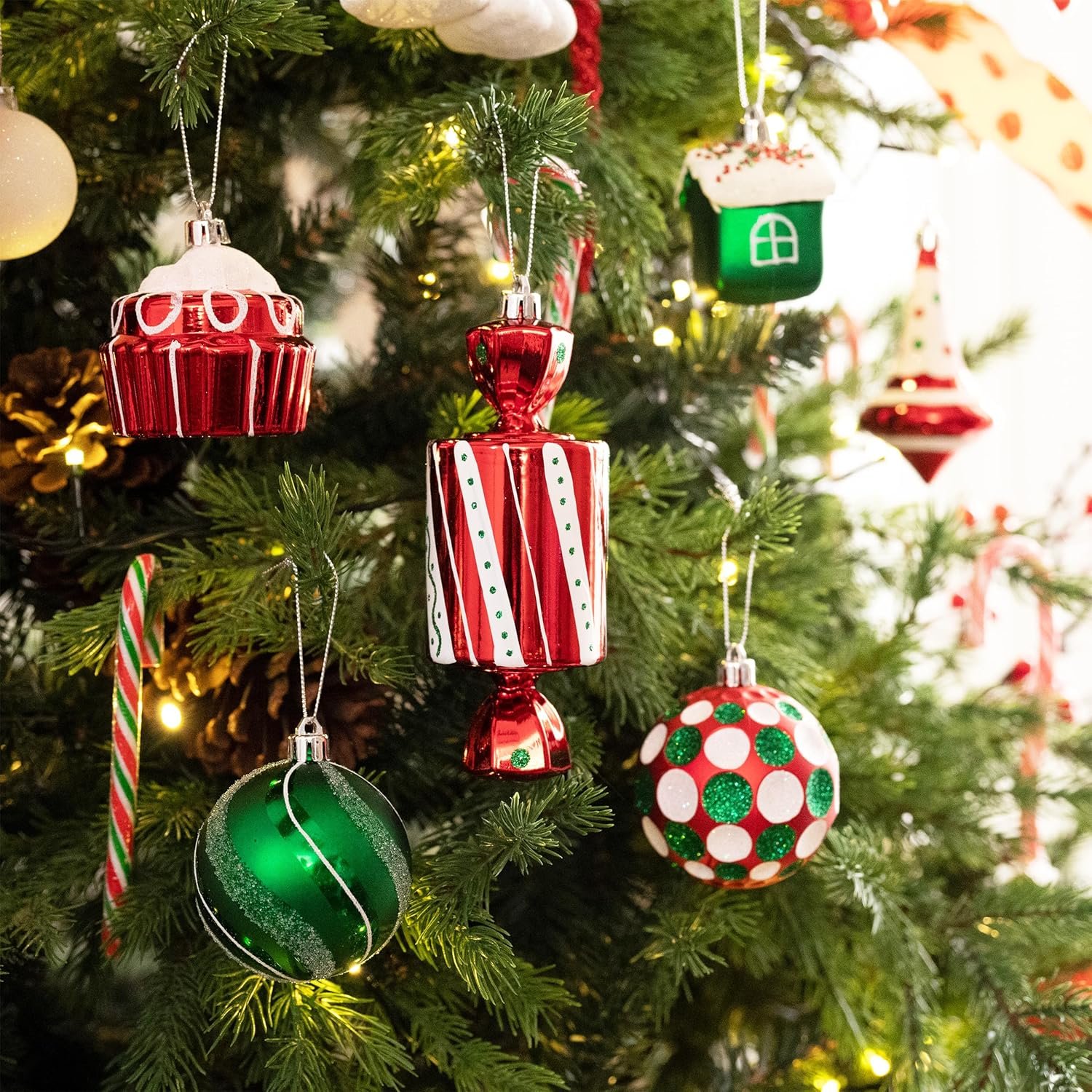 Valery Madelyn 100ct Christmas Ornaments Set, Candy Cane Red Green White Shatterproof Christmas Tree Decorations Ball Ornaments Bulk, Decorative Hanging Ornaments for Xmas Trees Holiday Party Decor - Image 3