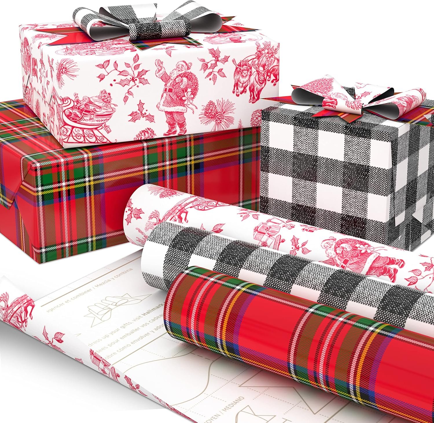 Hallmark Holiday Plaid Wrapping Paper with Cutlines and Optional DIY Bow Templates on Reverse (3-Pack: 120 Sq. Ft. Ttl) Red Toile, Black Buffalo Check, Plaid for Christmas, Birthdays, Weddings, Crafts - Image 2