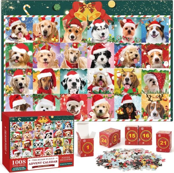 Advent Calendar 2024 Christmas Jigsaw Puzzles, Christmas Dogs Jigsaw Puzzles 1008 Pieces Puzzle 24 Days Christmas Countdown Calendar Family Game Christmas Gifts for Kids Teens Adults - Image 2