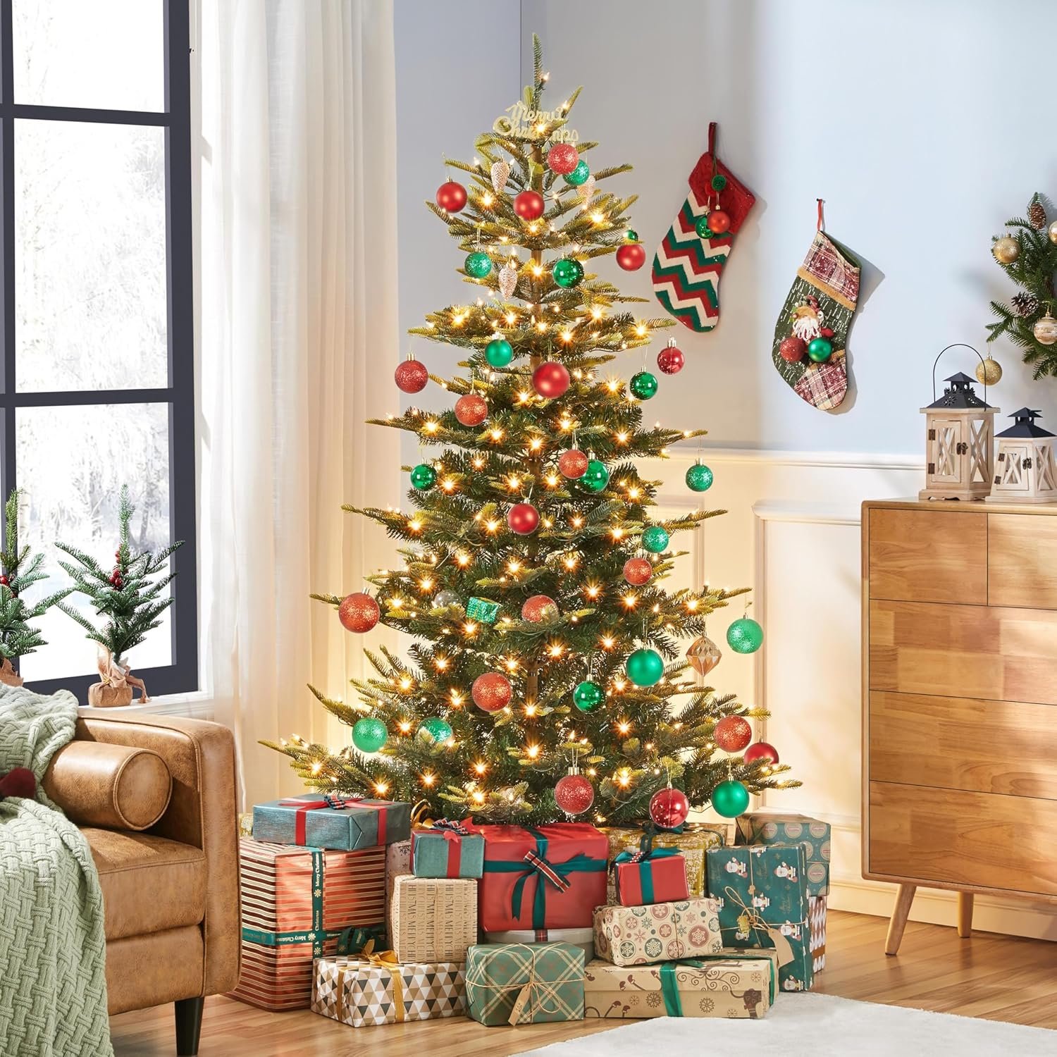 Yaheetech 6ft Pre-lit Aspen Fir Artificial Christmas Tree with 400 Incandescent Warm Lights Full Prelighted Xmas Tree w/828 Branch Tips & Foldable Stand for Home Holiday Decor, Green - Image 3