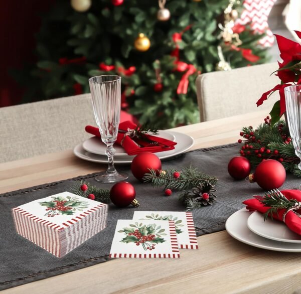 100 Christmas Berries Cocktail Beverage Napkins Disposable Paper Xmas Holly Berry Pine Red and White Striped Dessert Napkin for Winter Holiday Home Kitchen Wedding Party Supplies Tableware Decorations - Image 8