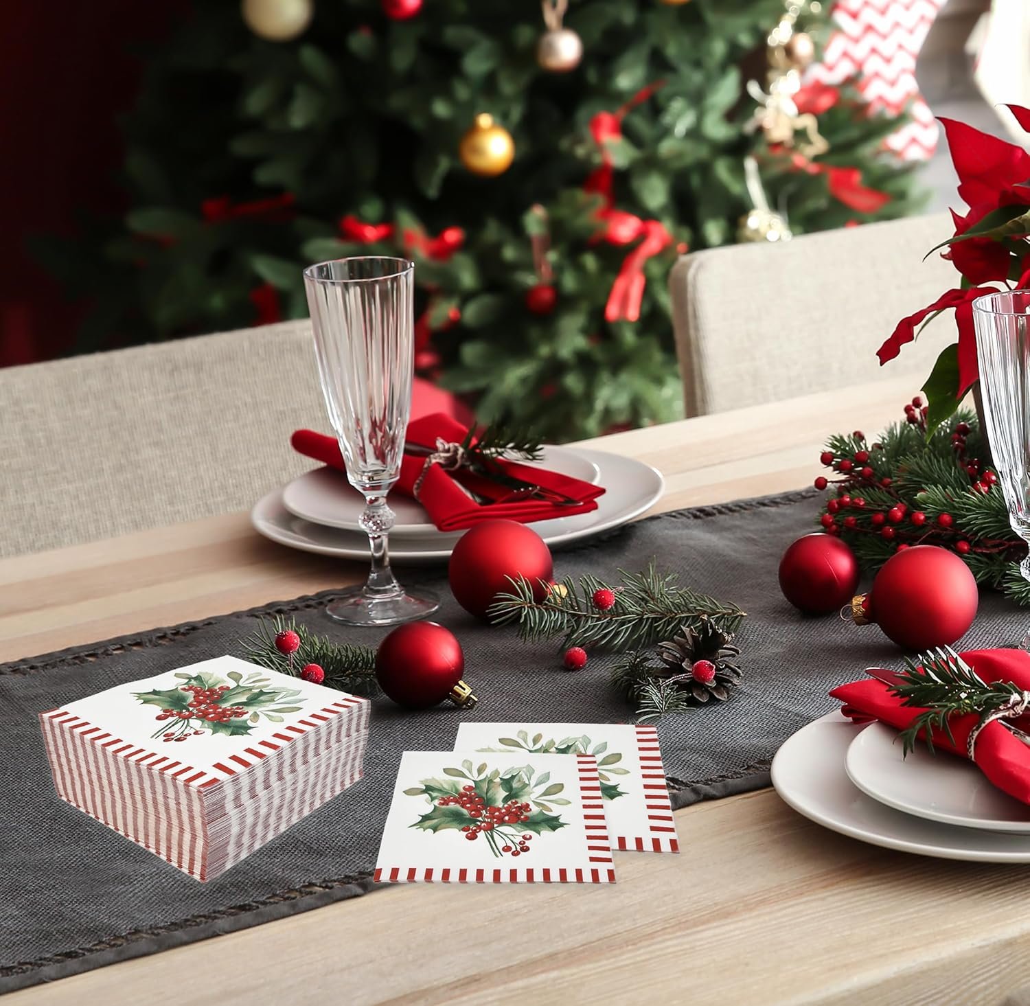 100 Christmas Berries Cocktail Beverage Napkins Disposable Paper Xmas Holly Berry Pine Red and White Striped Dessert Napkin for Winter Holiday Home Kitchen Wedding Party Supplies Tableware Decorations - Image 8
