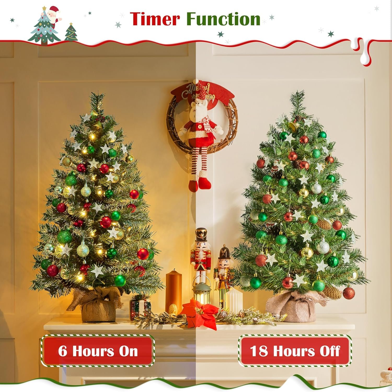 Yaheetech 2Pcs Pre-lit Artificial Mini Christmas Tree, 3ft Tabletop Small Xmas Tree w/20 Pinecones, 50 Warm White LED Lights, Cement Base, Battery-Operated Christmas Tree for Home Party Decor, Green - Image 7
