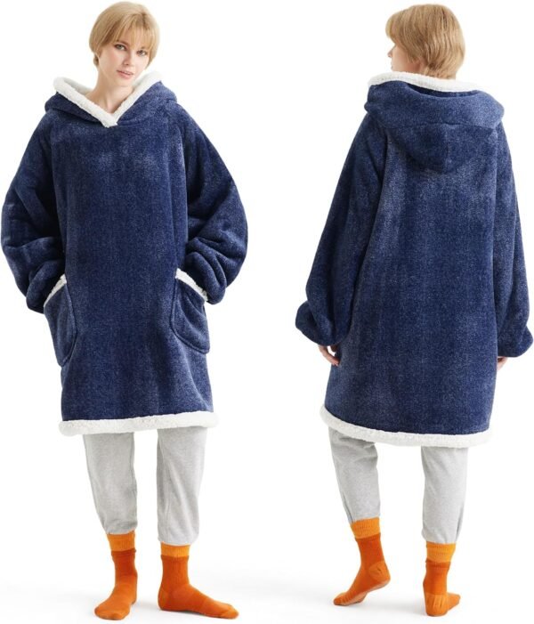 Bedsure Wearable Blanket Hoodie for Adult & Kids - Sherpa Blanket Hoodie as Gifts for Mom Women, Cozy Sweatshirt Blanket, Ocean Blue, Standard - Image 2