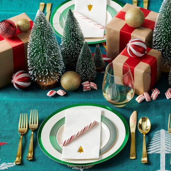 By Madee HEAVYWEIGHT 175 Pc Disposable Christmas Plates and Napkins Set | Ivory Plates Green Trim | Christmas Plates, Holiday Napkins, Silverware | Christmas Disposable Dinnerware (25 Guests) - Image 8