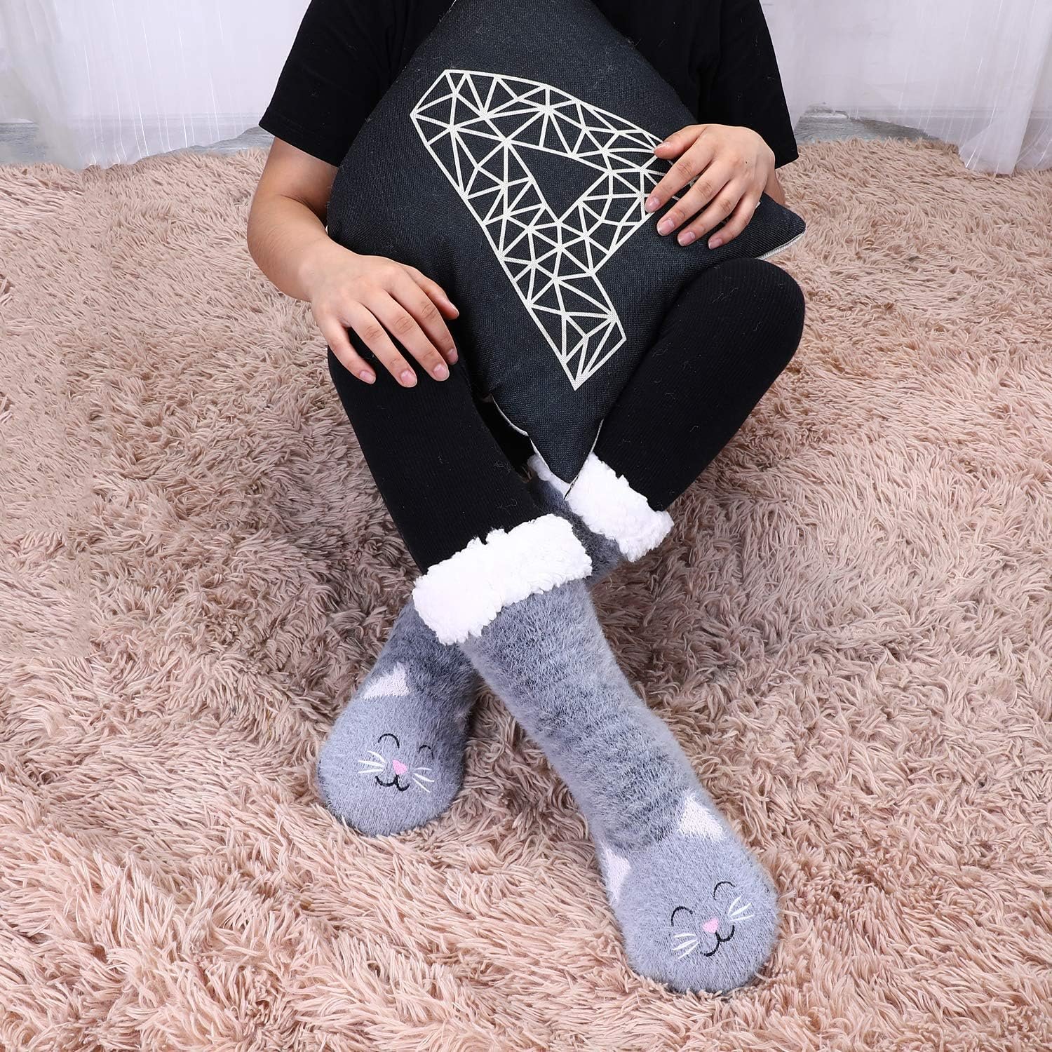 Jeasona Women’s Fuzzy Slipper Socks With Grippers Cozy Warm Cute Animal Gifts - Image 3