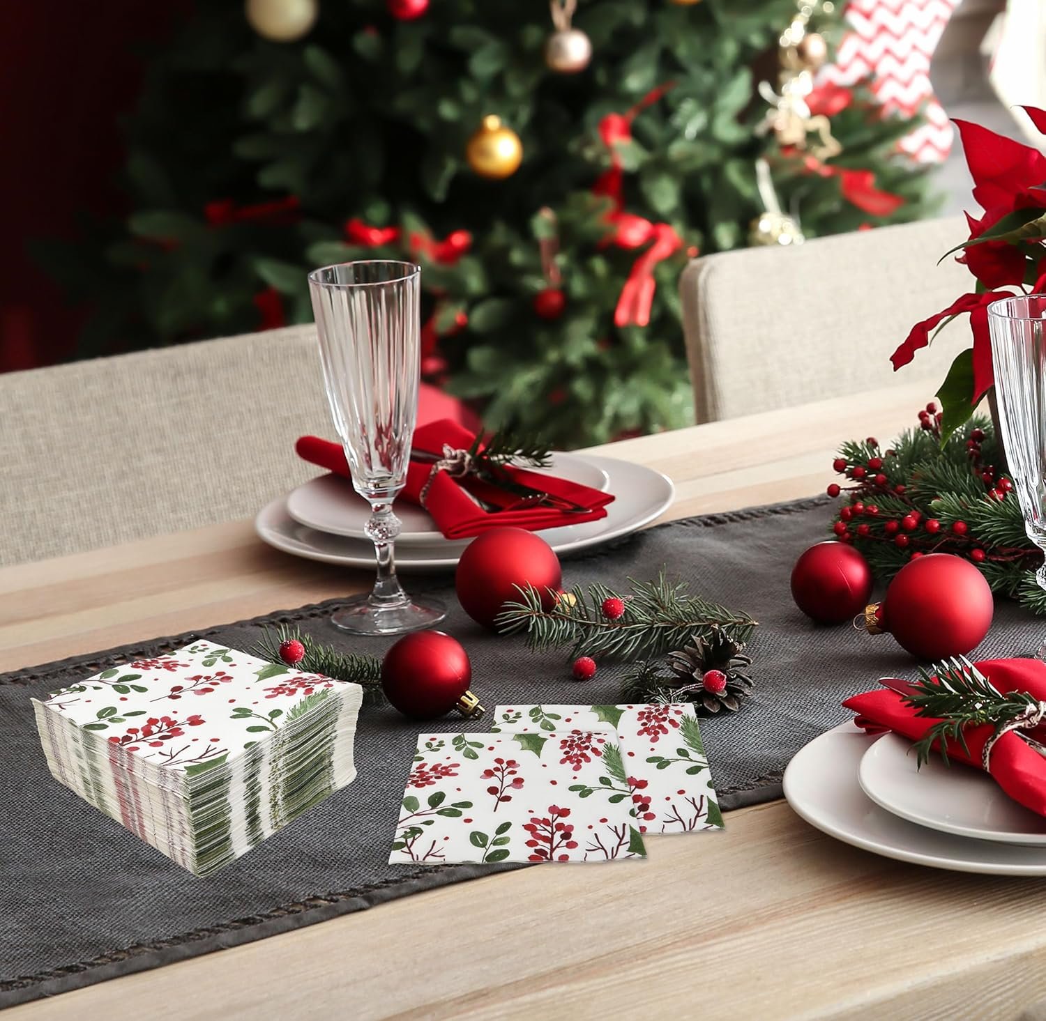 100 Christmas Berries and Greenery Cocktail Beverage Napkins Disposable Paper Xmas Holly Berry Pine Dessert Napkin for Winter Holiday Home Kitchen Wedding Party Supplies Tableware Decorations - Image 7