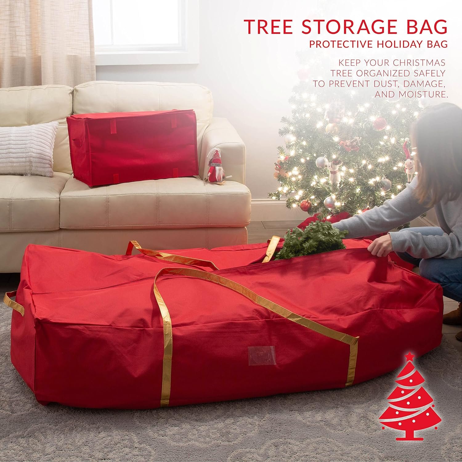 Simplify Christmas Tree Storage Bag | Holds Artificial Trees up to 9.5 Feet Tall | Holiday Decorations Organizer | Large | Collapsible Duffle | Red - Image 4