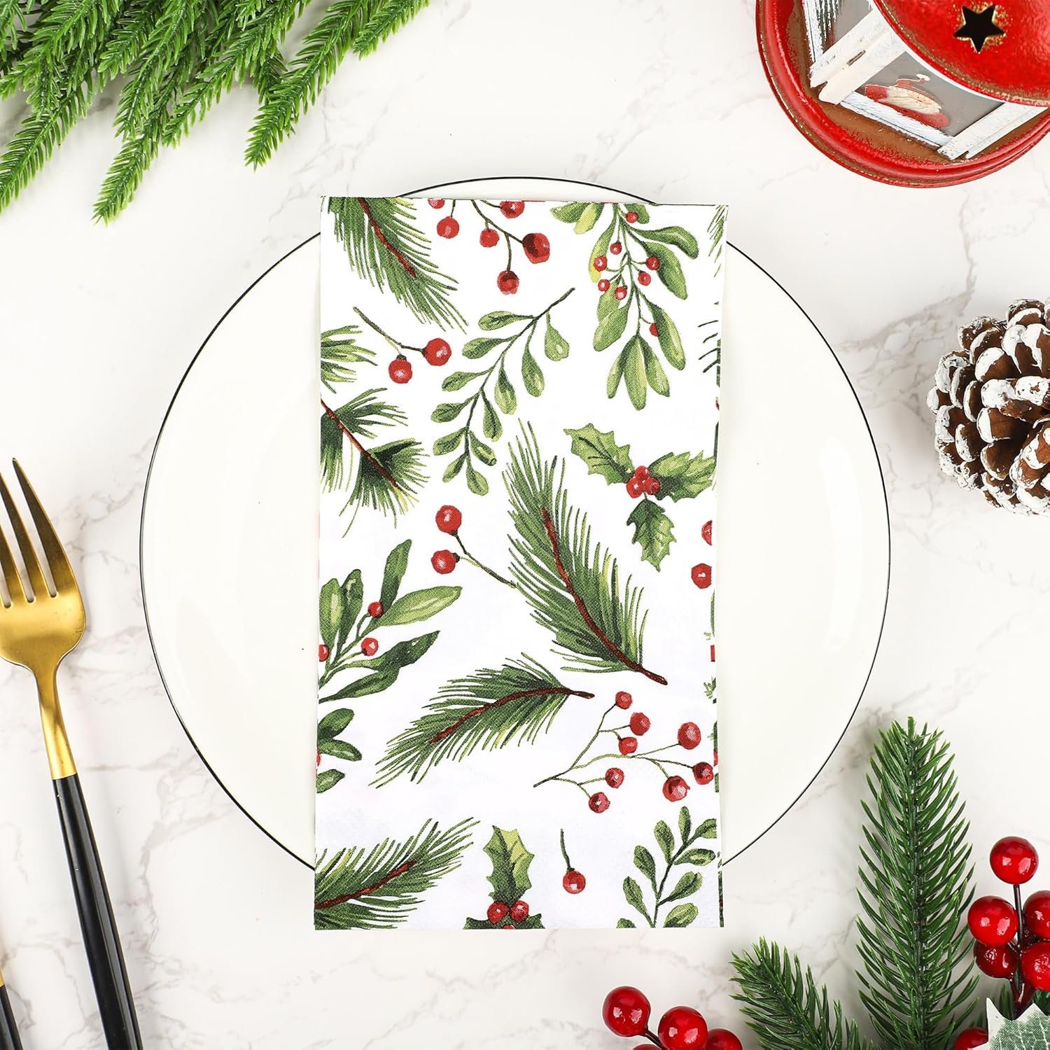 100 PCS Christmas Guest Napkins Berries Pine Paper Napkins 3-Ply Disposable Holly Berries Napkins Xmas Party Greenery Dinner Hand Towels for Winter Holiday Home Kitchen Bathroom Wedding Party Supplies - Image 5