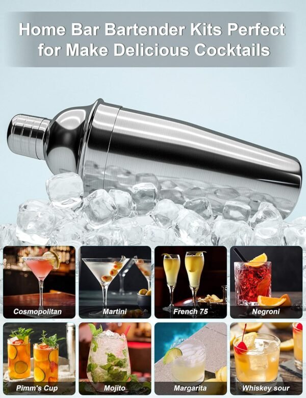 Bartender Kit, 14 Piece Cocktail Shaker Set Stainless Steel Bar Tools with Rotating Stand, 25 oz Shaker Tins, Jigger, Spoon, Pourers, Muddler, Strainer, Tongs, Bottle Stoppers, Opener, Recipes - Image 8