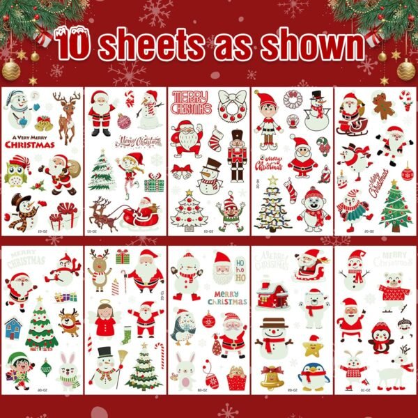 120PCS Luminous Christmas Tattoos for Kids, 10 Sheets Xmas Accessories Glow in the Dark Fake Tattoo Stickers with Santa for Stocking Stuffers, Cute Christmas Party Favors Supplies for Boys Girls - Image 3
