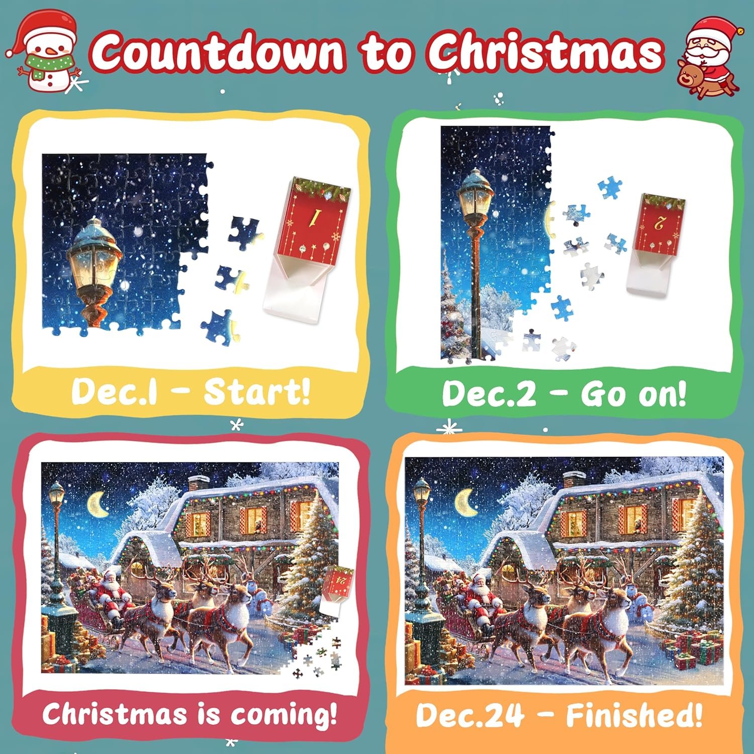 Christmas Jigsaw Puzzles Advent Calendar 2024, 1008 Pieces Puzzle 24 Days Christmas Countdown Calendar Family Game Christmas Gifts for Kids Teens Adults - Santa is Delivering Gifts - Image 3