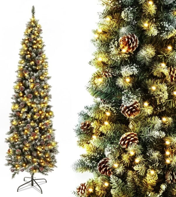 AORESAC 6.5ft Pre-Lit Pencil Christmas Tree for Home, Office, Party Decoration, Artificial Snow Flocked Design w/ 350 LED Lights & 699 PVC Branch Tips and Pine Cones, Metal Hinges & Base - Image 2