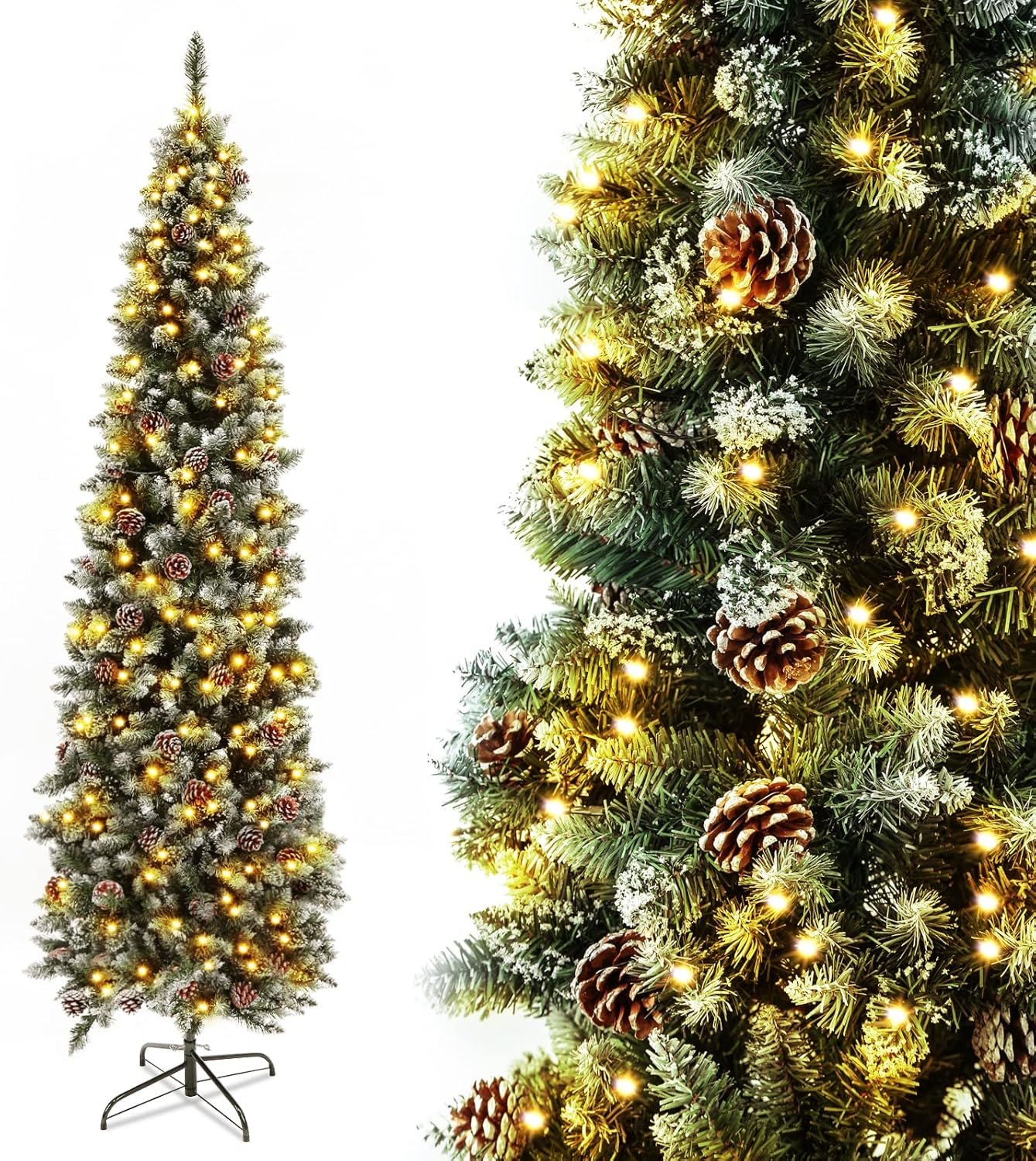 AORESAC 6.5ft Pre-Lit Pencil Christmas Tree for Home, Office, Party Decoration, Artificial Snow Flocked Design w/ 350 LED Lights & 699 PVC Branch Tips and Pine Cones, Metal Hinges & Base - Image 2