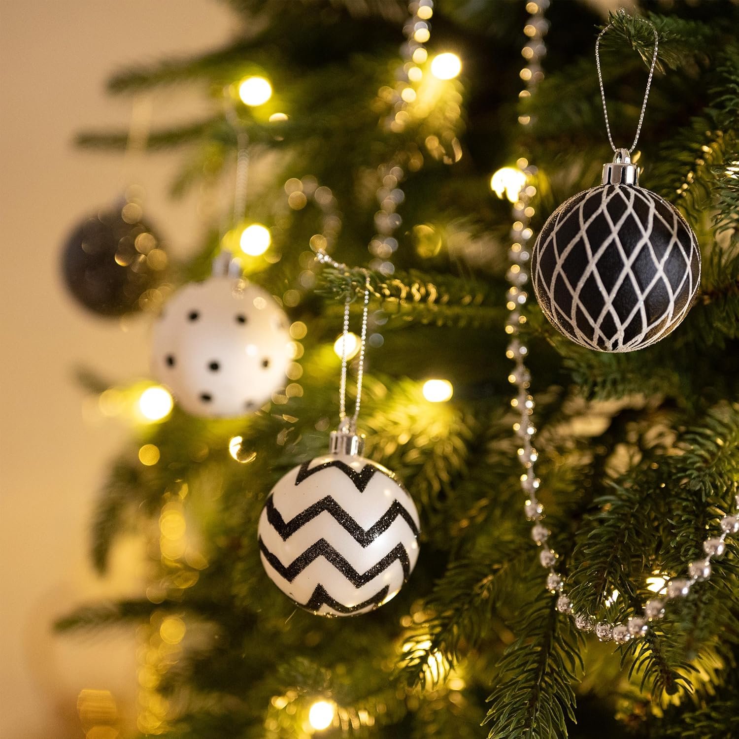 Valery Madelyn Christmas Ornaments Tree Decorations, 30ct Black and White Shatterproof Christmas Ball Ornaments Set, 2.36 Inch Boho Modern Decorative Hanging Ornament Bulk for Xmas Holiday Party Decor - Image 3