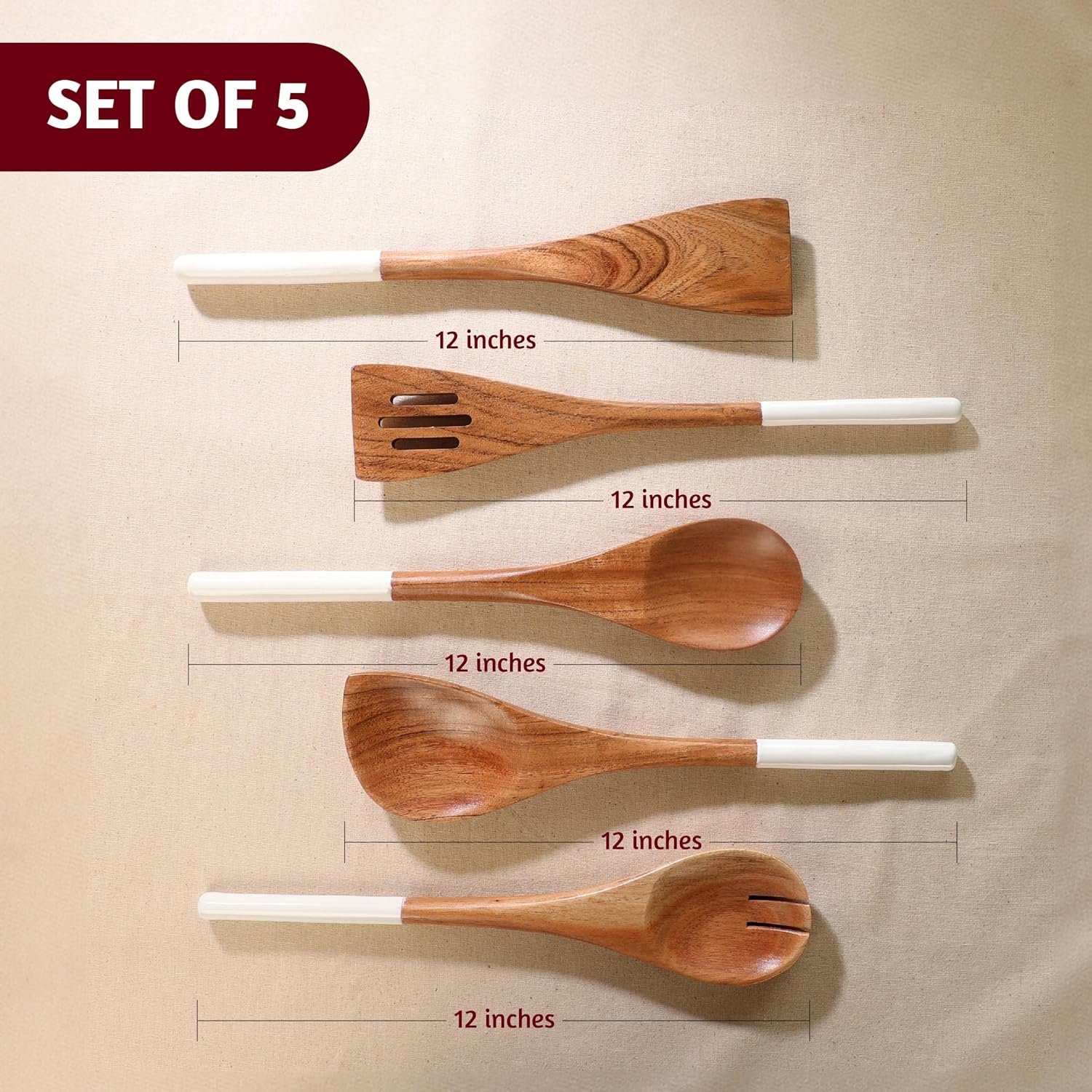 Folkulture Wooden Spoons for Cooking, Set of 5 Wooden Utensils for Cooking, Nonstick Wooden Cooking Utensils, Wooden Cooking Utensils, 12" Kitchen Utensil Sets with Wooden Spoon Sets & Spatula - White - Image 5