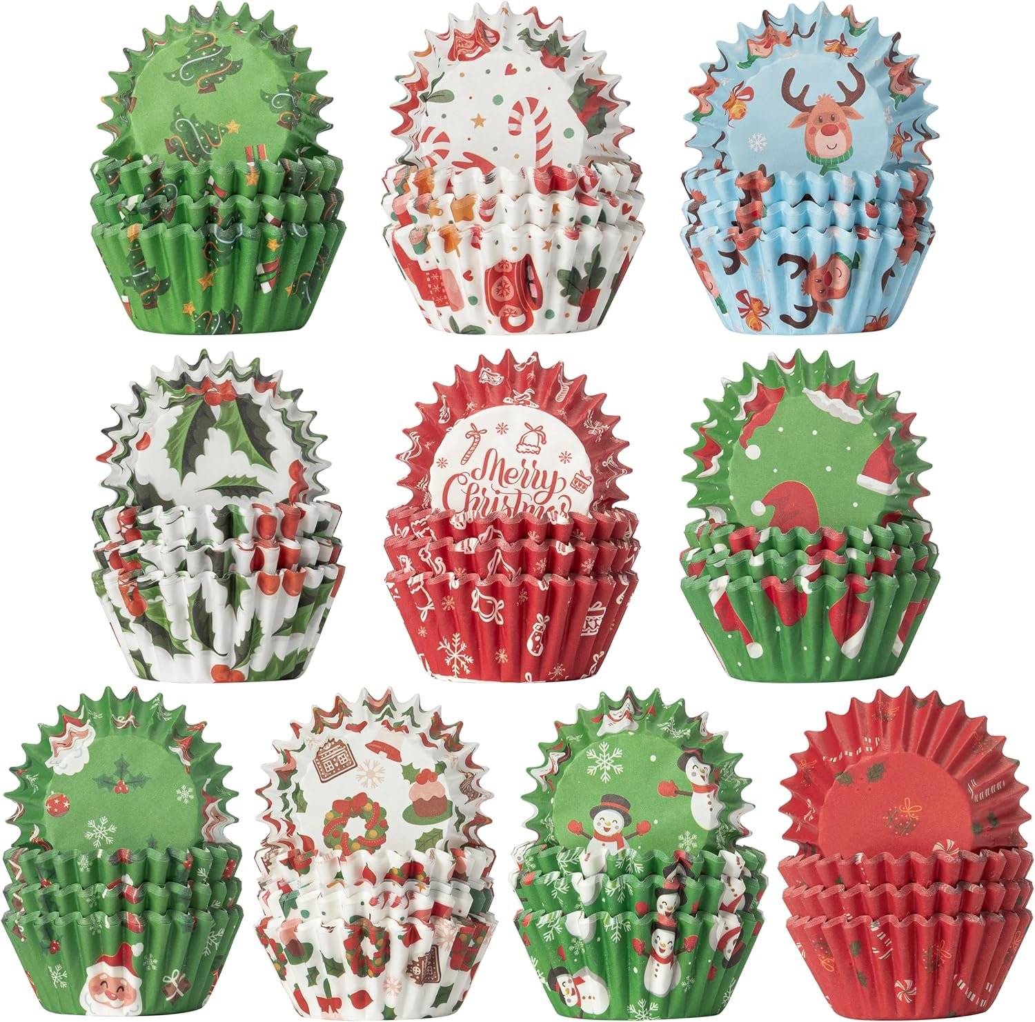 COcnny 600pcs Christmas Mini Cupcake Paper Liners, Merry Christmas Baking Cups Muffin Case Cupcakes Wrappers, Xmas Tree Santa Claus Snowman Cake Wrap Making Supplies for Xmas Eve Party (10 Styles) - Image 2