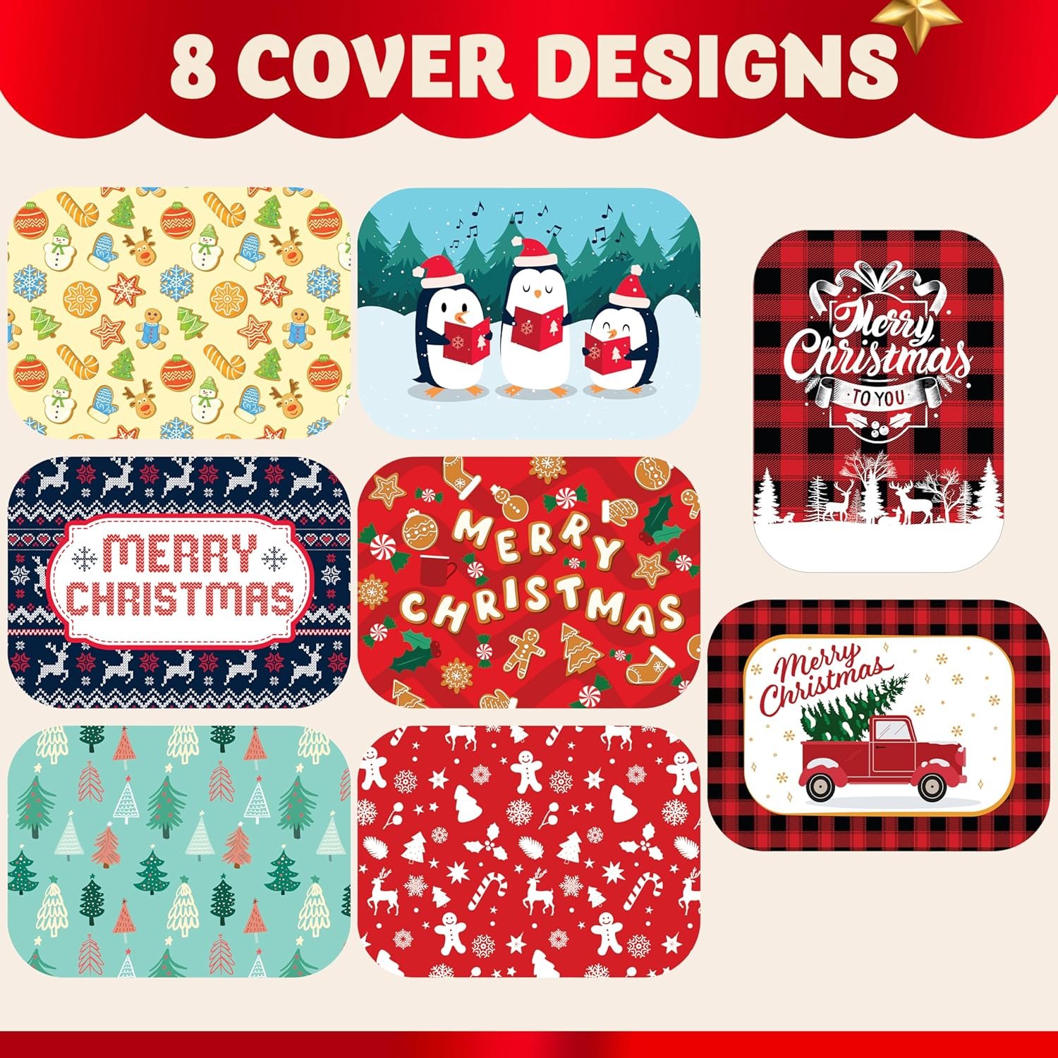 JOYIN 48 Pieces Christmas Foil Containers with Lids, 8 Holiday Designs, 7"x5"x2" Rectangular Treat Foil Containers, Disposable Food Storage Pan for Holiday Leftovers Goodie Container - Image 3