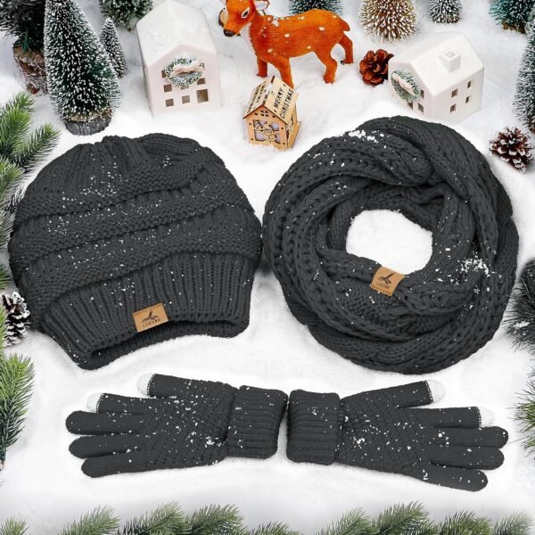 Winter Beanie Hat Scarf Gloves, Warm Fleece Knit Winter Hats Touch Screen Gloves Neck Scarf Set Winter Gifts for Unisex Adult - Image 9