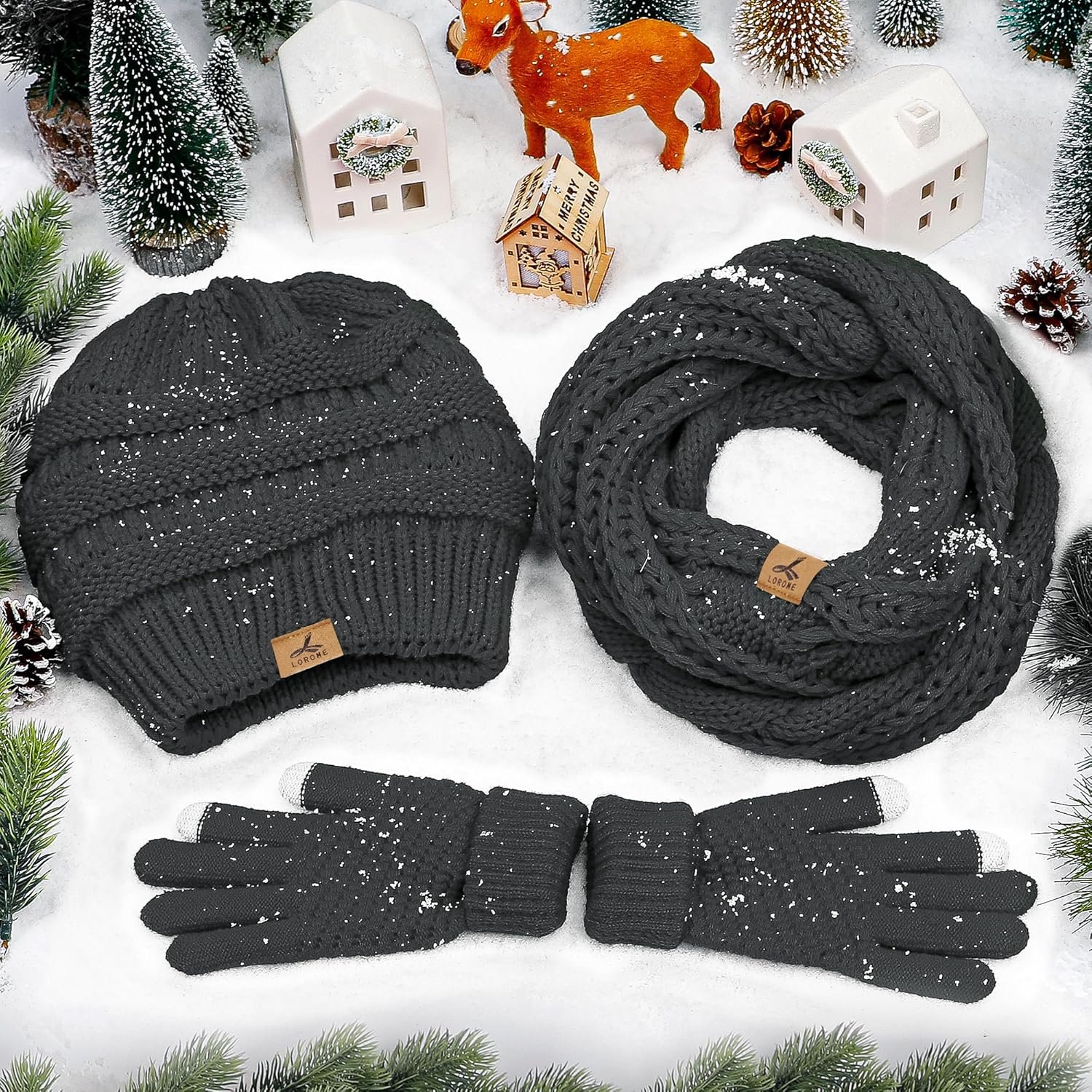 Winter Beanie Hat Scarf Gloves, Warm Fleece Knit Winter Hats Touch Screen Gloves Neck Scarf Set Winter Gifts for Unisex Adult - Image 9