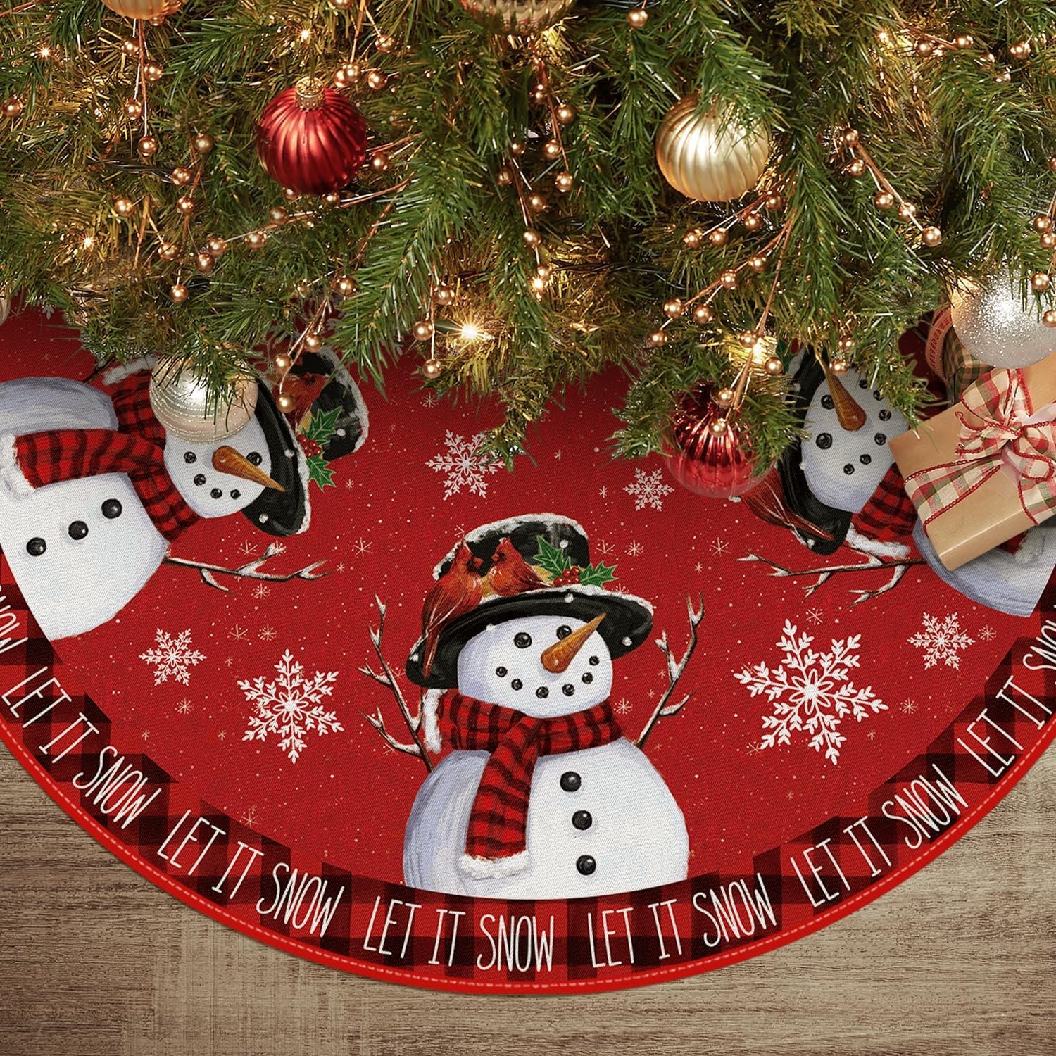 AVOIN colorlife Let It Snow Snowman Christmas Tree Skirt, Xmas Winter Holiday Party Tree Mat Indoor Outdoor Decoration 48 Inch - Image 2
