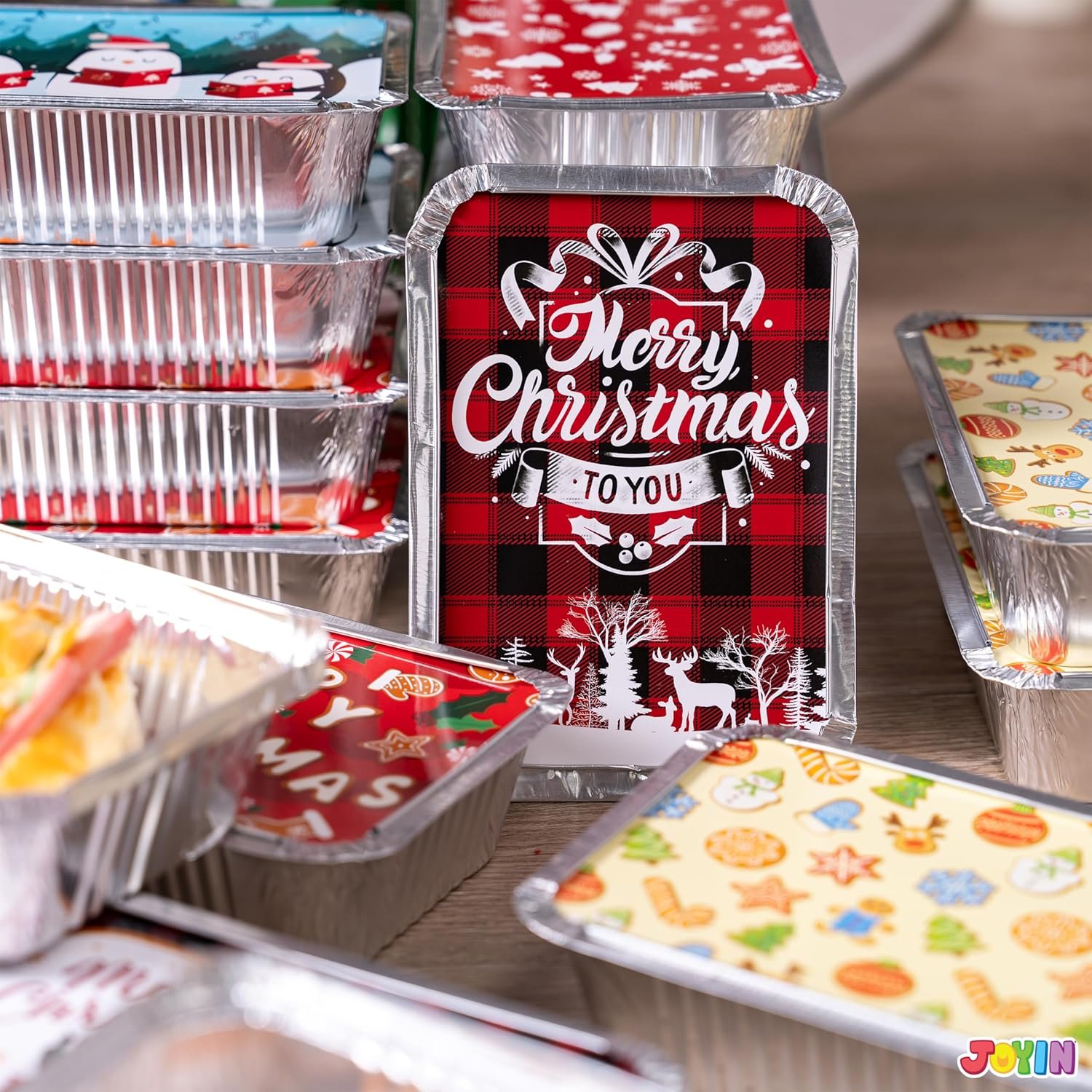 JOYIN 48 Pieces Christmas Foil Containers with Lids, 8 Holiday Designs, 7"x5"x2" Rectangular Treat Foil Containers, Disposable Food Storage Pan for Holiday Leftovers Goodie Container - Image 8
