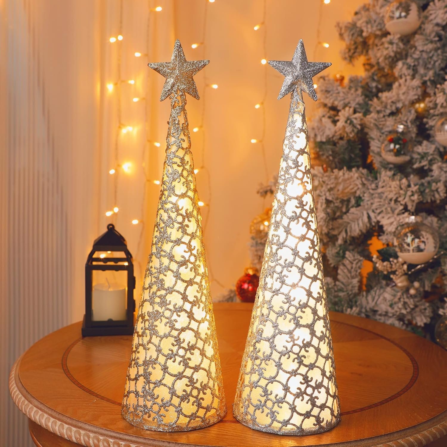 Juegoal Lighted Christmas Table Decorations with Star and 10 LED Lights Battery Operated, Indoor Xmas Thanksgiving Holiday Wedding Party Tabletop Desk Ornament, Set of 2 (Gold, Silver) - Image 7