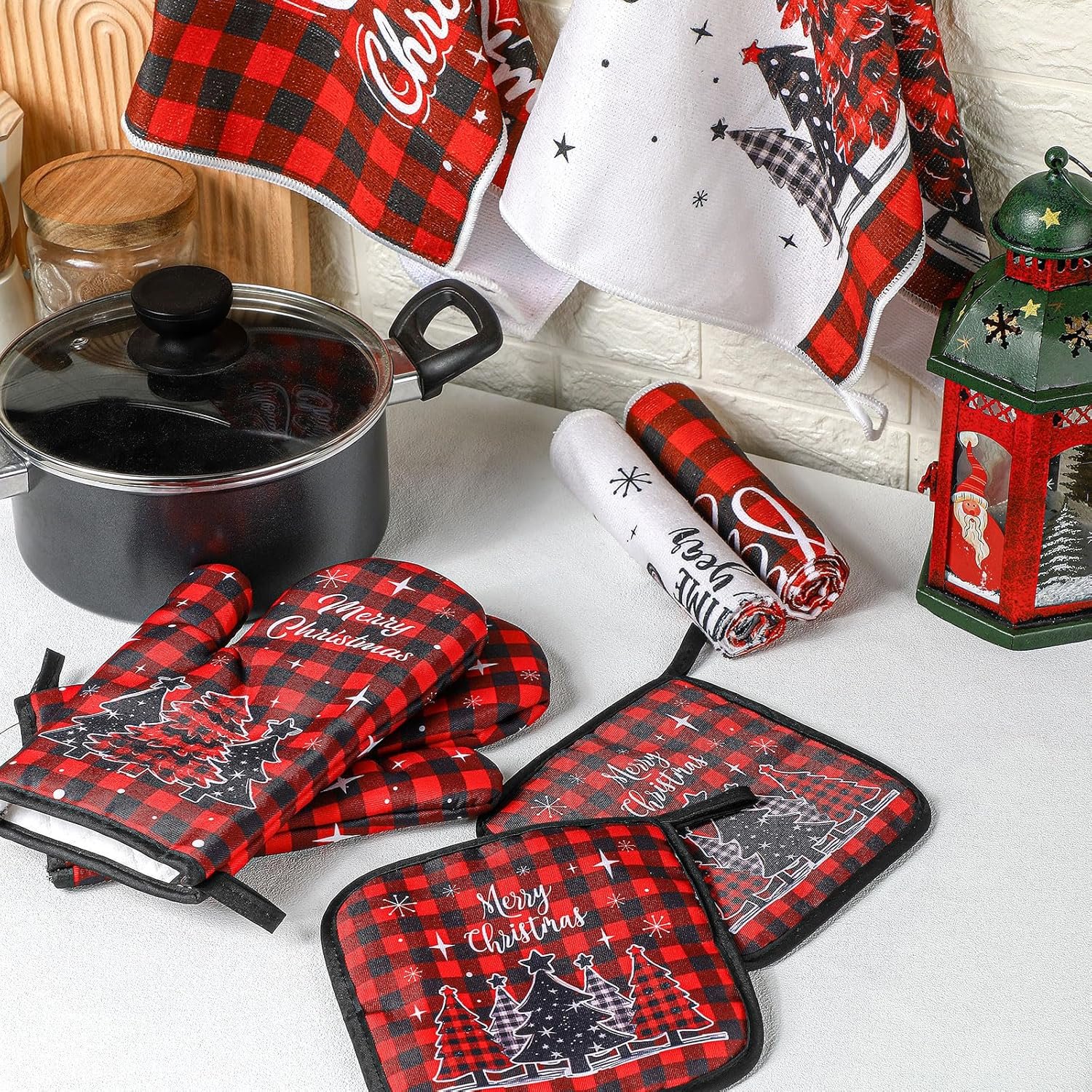 10 Pcs Christmas Winter Oven Mitts Pot Holders Kitchen Rug and Towel Set Wonderland Absorbent Kitchen Towels for Baking Cooking BBQ Gifts Kitchen Decor - Image 8